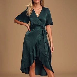 Lulus faux wrap satin green midi dress size XS